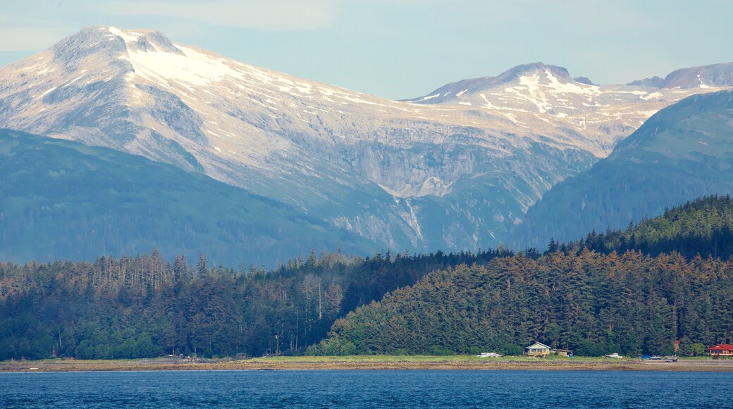 Auke Bay which includes landscape views, mountains and a lake or waterhole