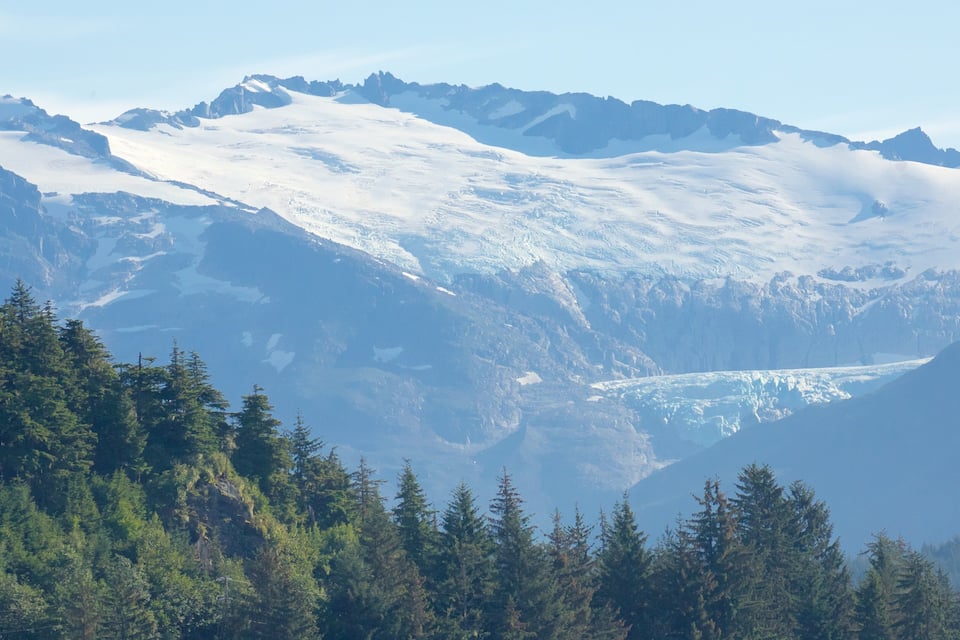 Una catena montuosa innevata con un ghiacciaio e una fitta foresta in primo piano.