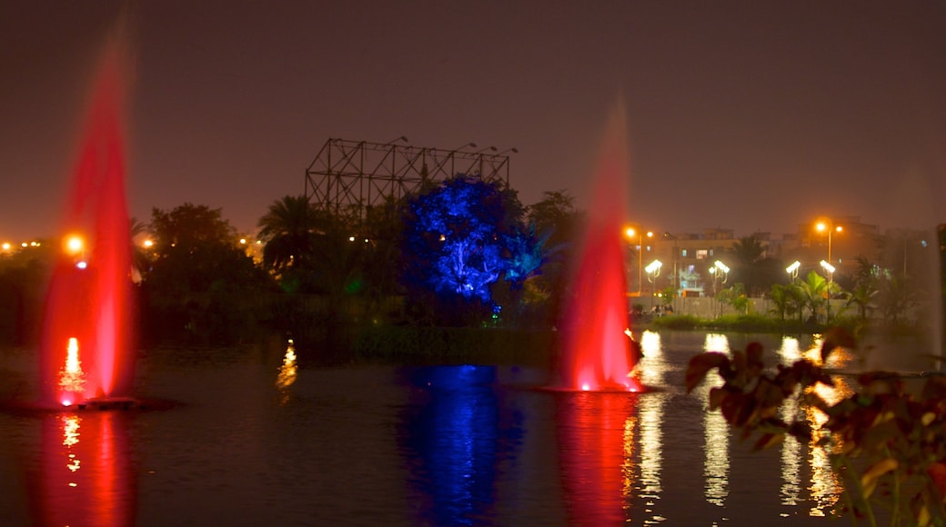Calcutta toont een stad, een meer of poel en nachtleven