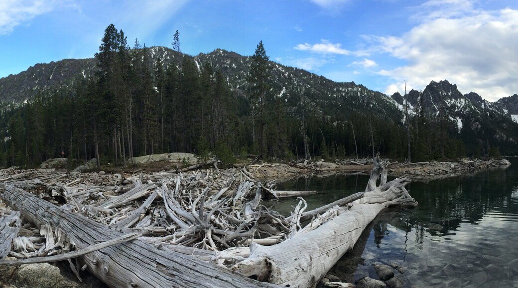 View of Lower Snow Lake at campsite and the Enchantments peaks