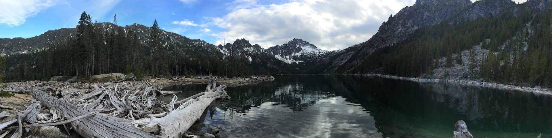 View of Lower Snow Lake at campsite and the Enchantments peaks