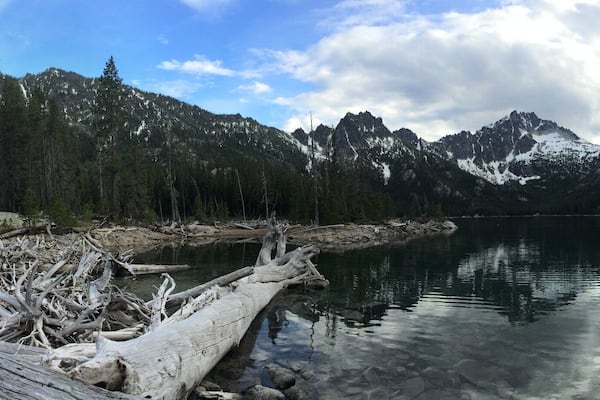 View of Lower Snow Lake at campsite and the Enchantments peaks