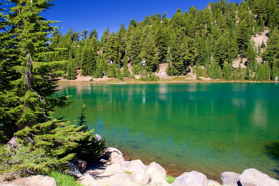 A clear turquoise lake surrounded by dense green forest and rocky shoreline.