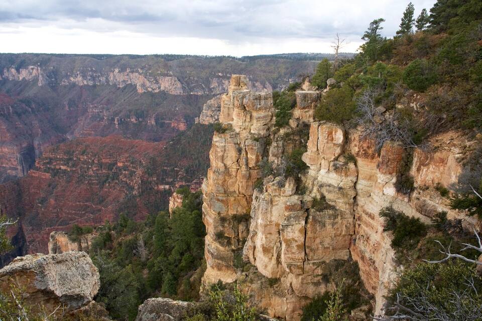 A canyon with prominent rock formations and sparse vegetation.
