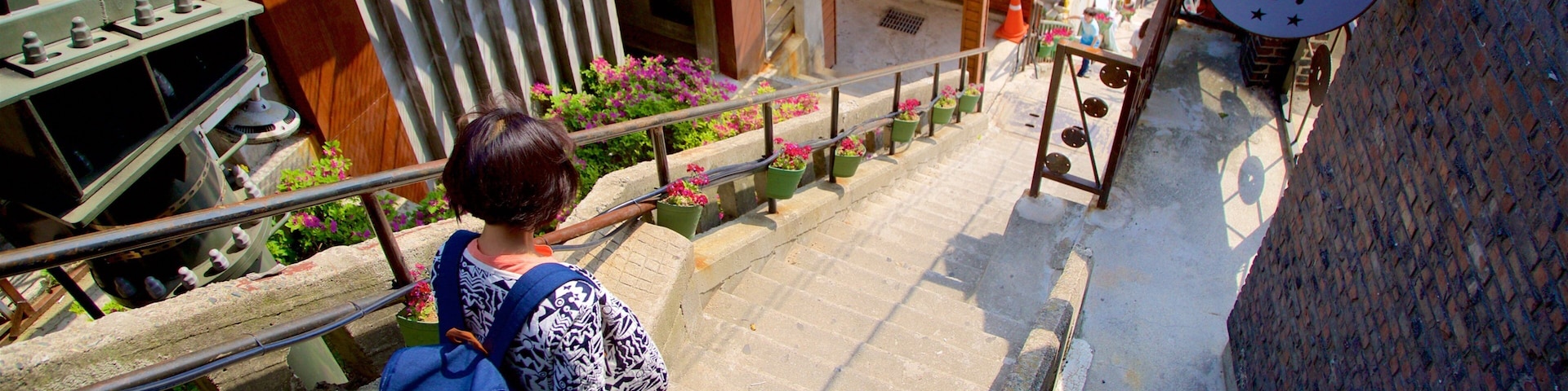 Busan featuring flowers and signage as well as an individual femail