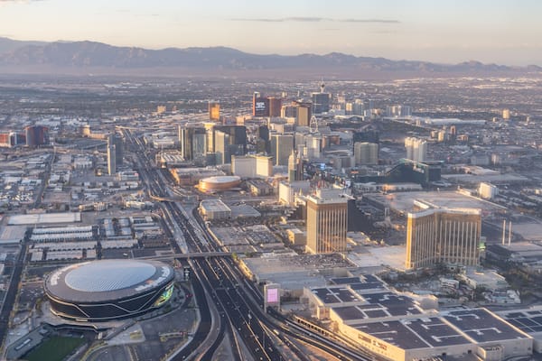 Allegiant Stadium. Las Vegas, Clark County, Nevada. Basin and range topography. Mojave Desert. Interstate 15 (I-15) is a major Interstate Highway in the Western United States.