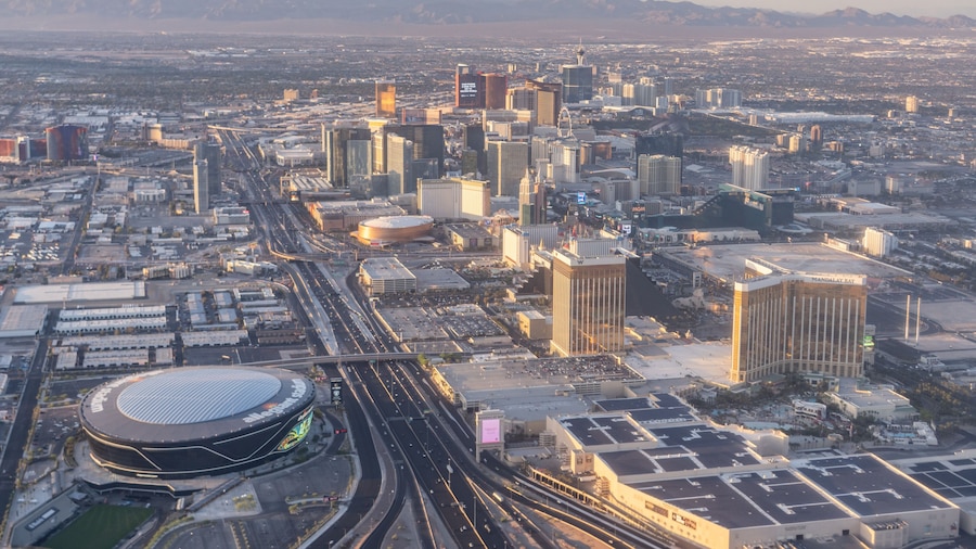 Allegiant Stadium. Las Vegas, Clark County, Nevada. Basin and range topography. Mojave Desert. Interstate 15