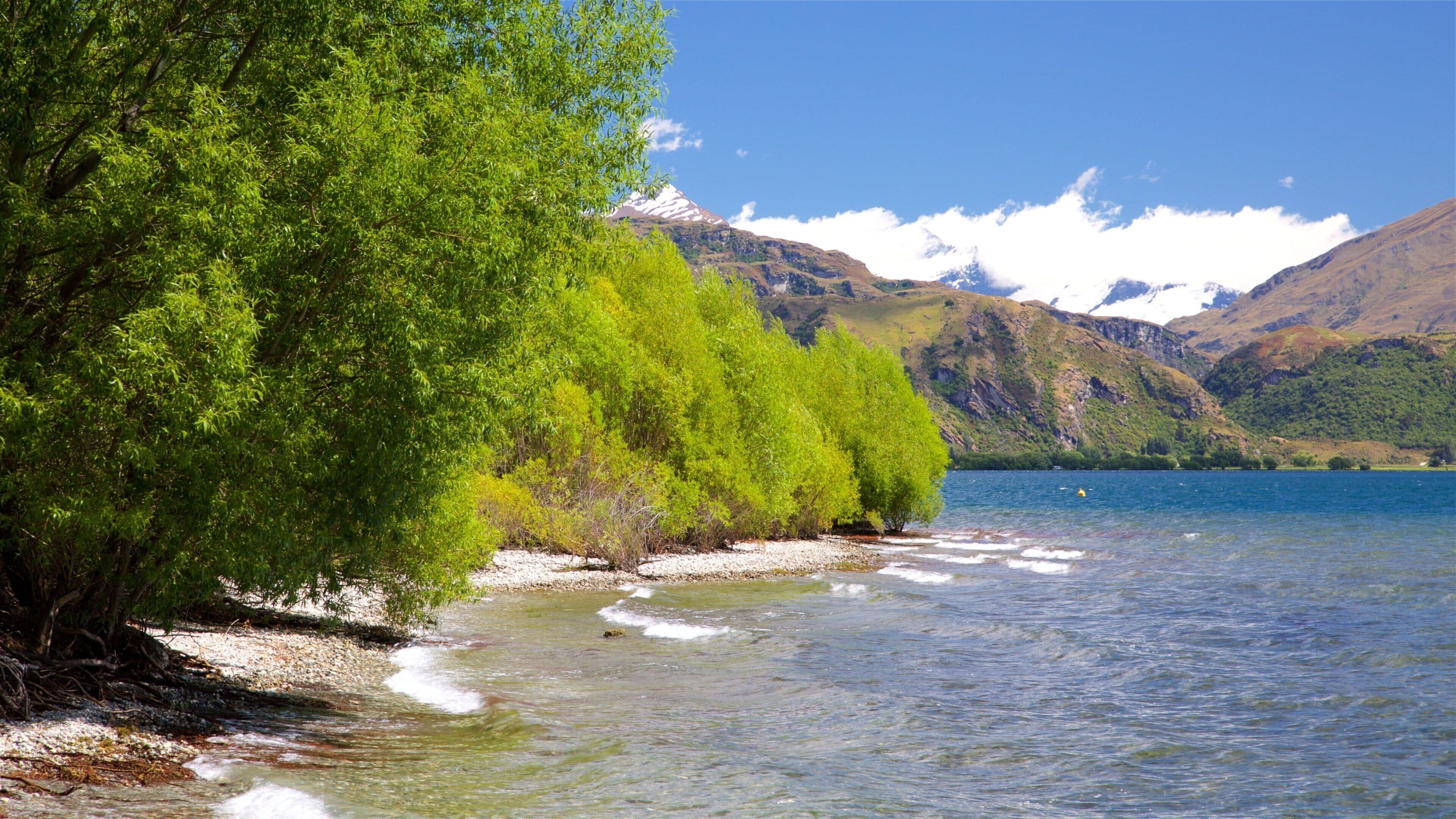 Wanaka showing a pebble beach, mountains and a bay or harbor