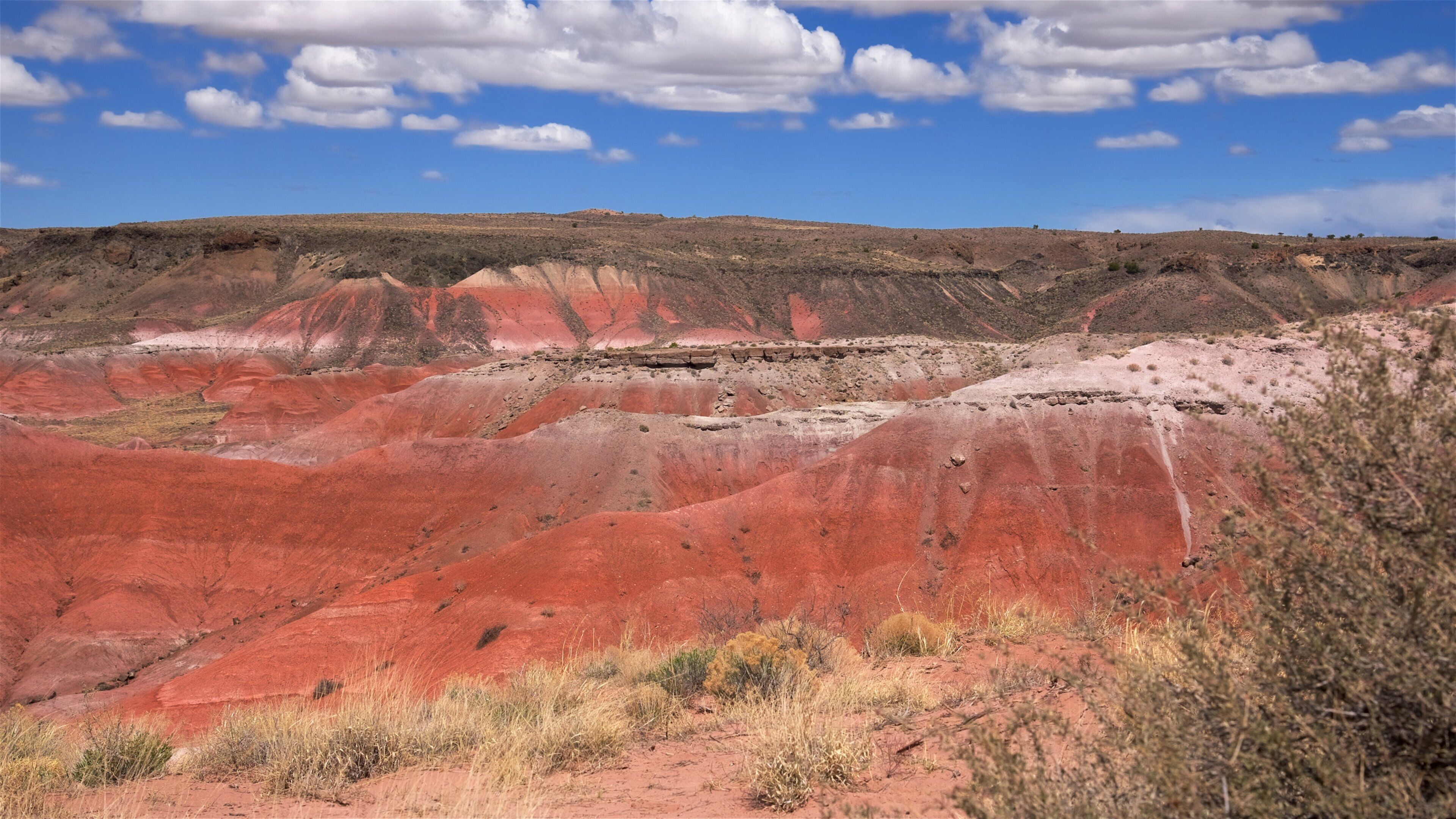 A red-hued landscape with rolling hills and sparse vegetation under a partly cloudy sky.