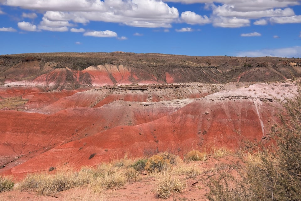A red-hued landscape with rolling hills and sparse vegetation under a partly cloudy sky.