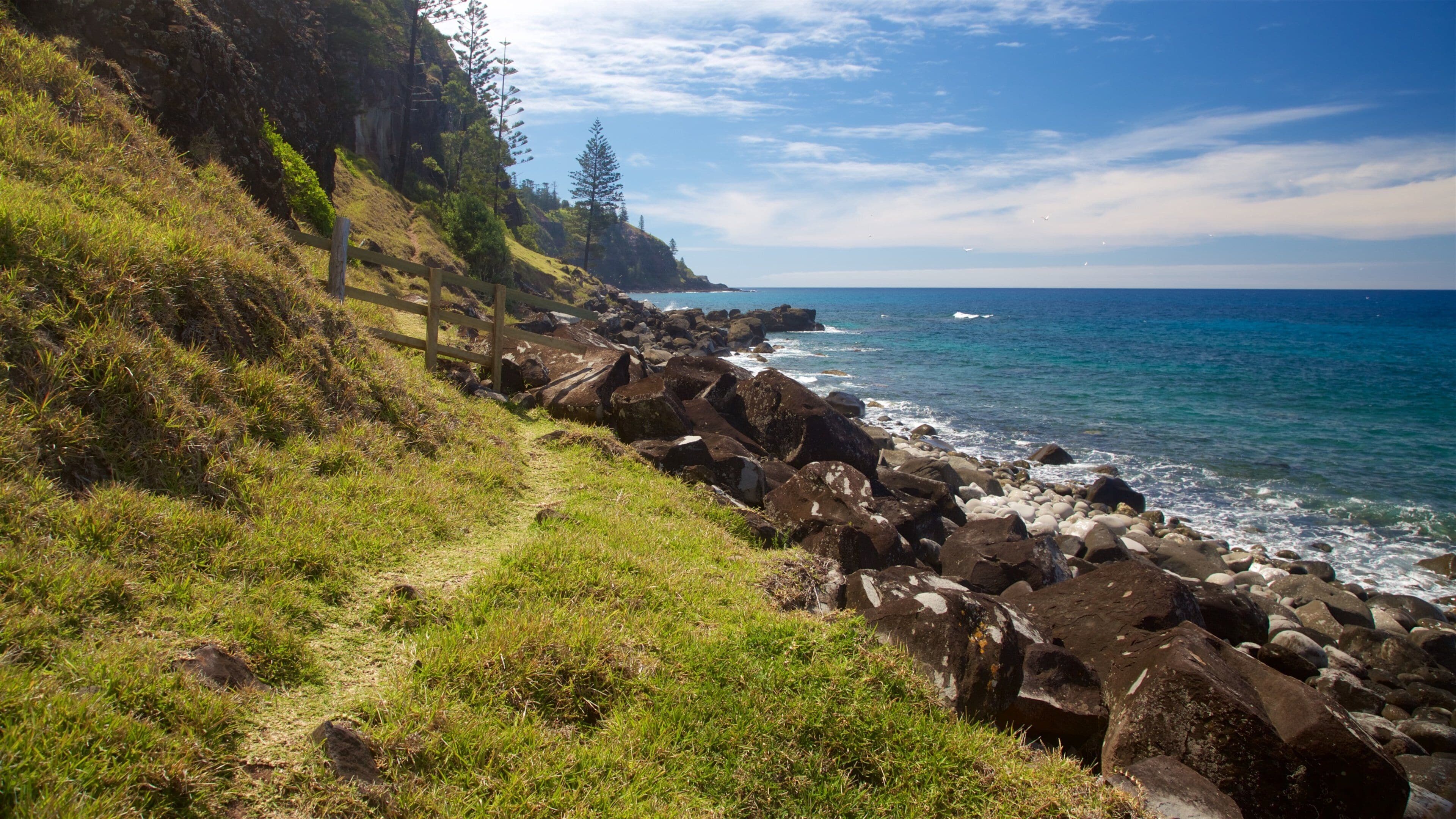 A coastal path with rocky outcrops and grassy terrain.