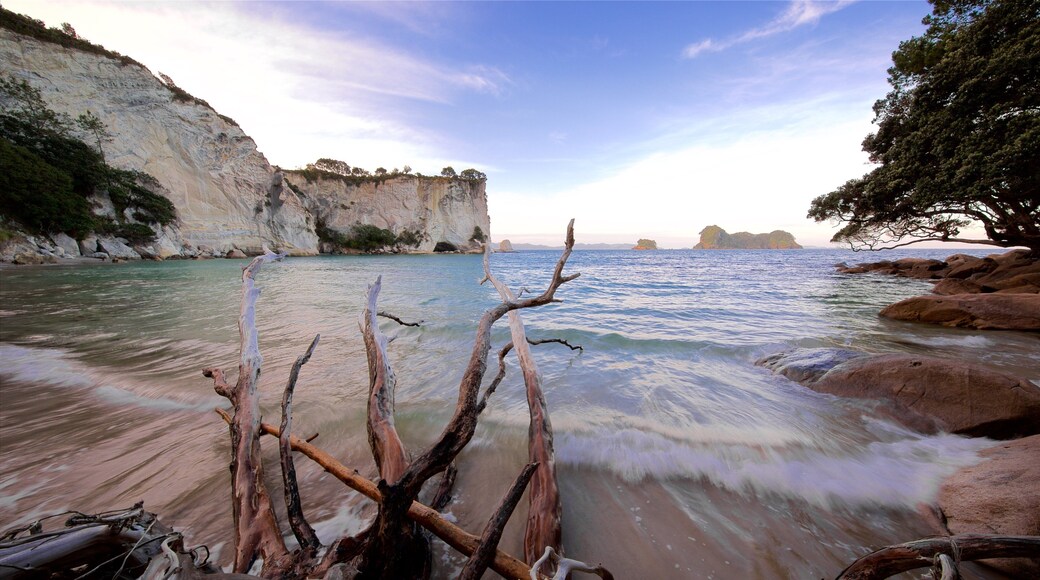 Stingray Bay showing a sunset, rocky coastline and a beach