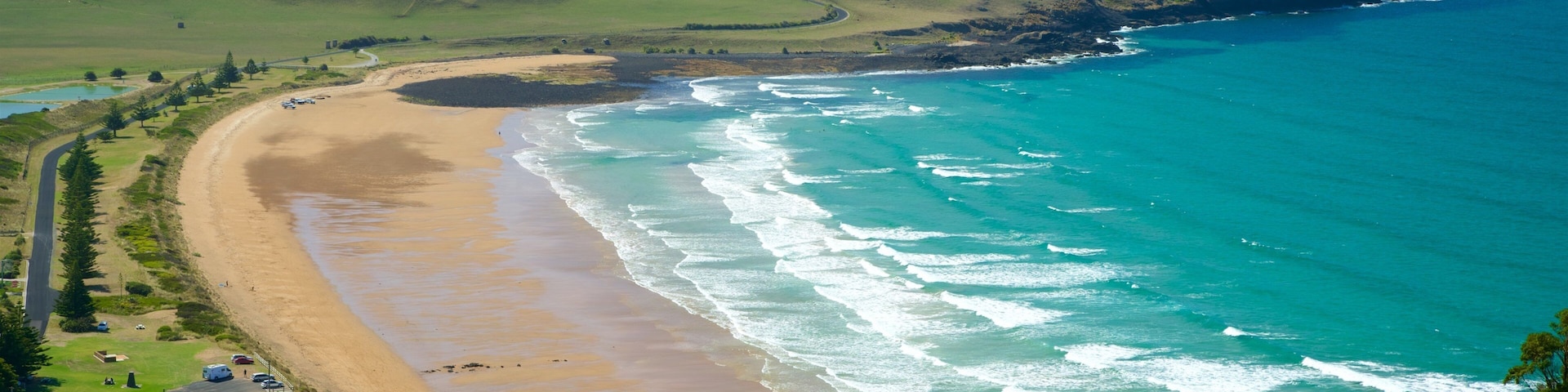 Paisaje costero con playa de arena, olas del océano y una ladera verde.
