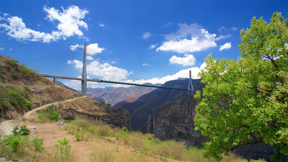 A suspension bridge over a valley with mountains in the background.