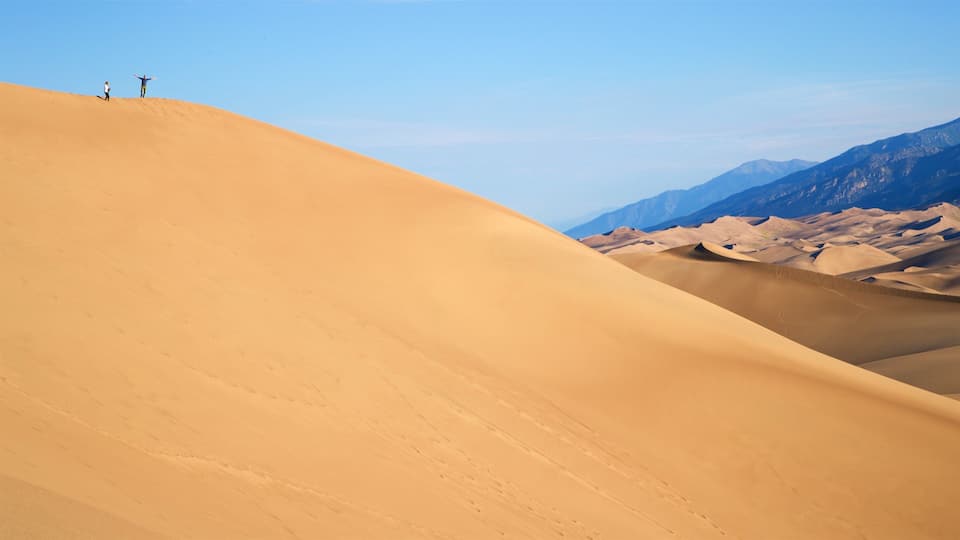 A desert landscape with sand dunes and mountains in the background.