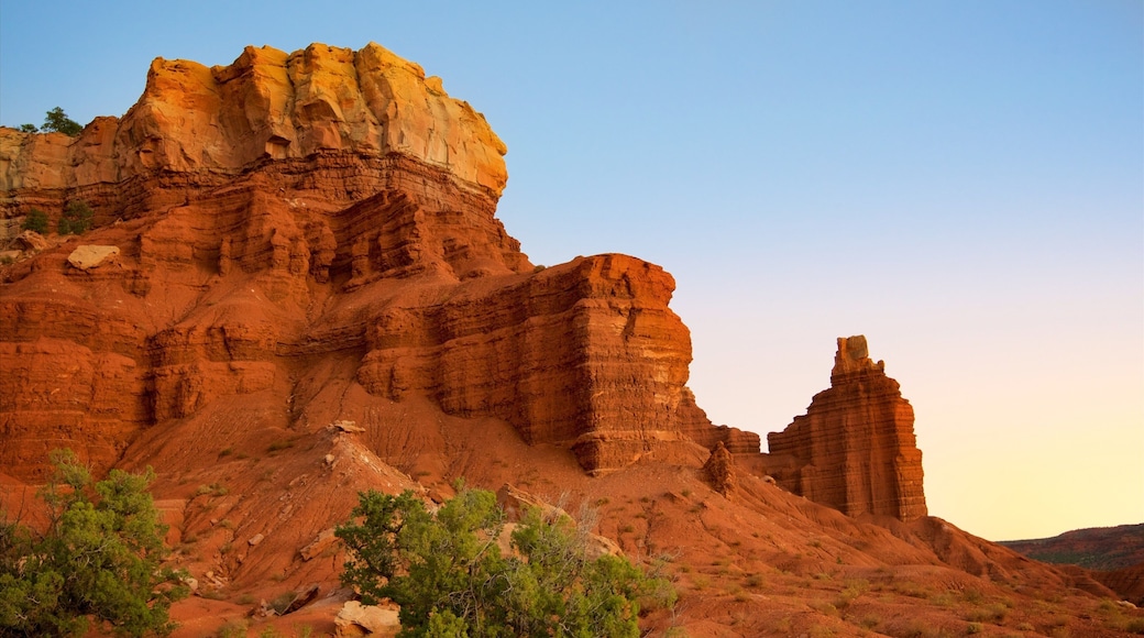 Capitol Reef National Park which includes desert views, tranquil scenes and a gorge or canyon