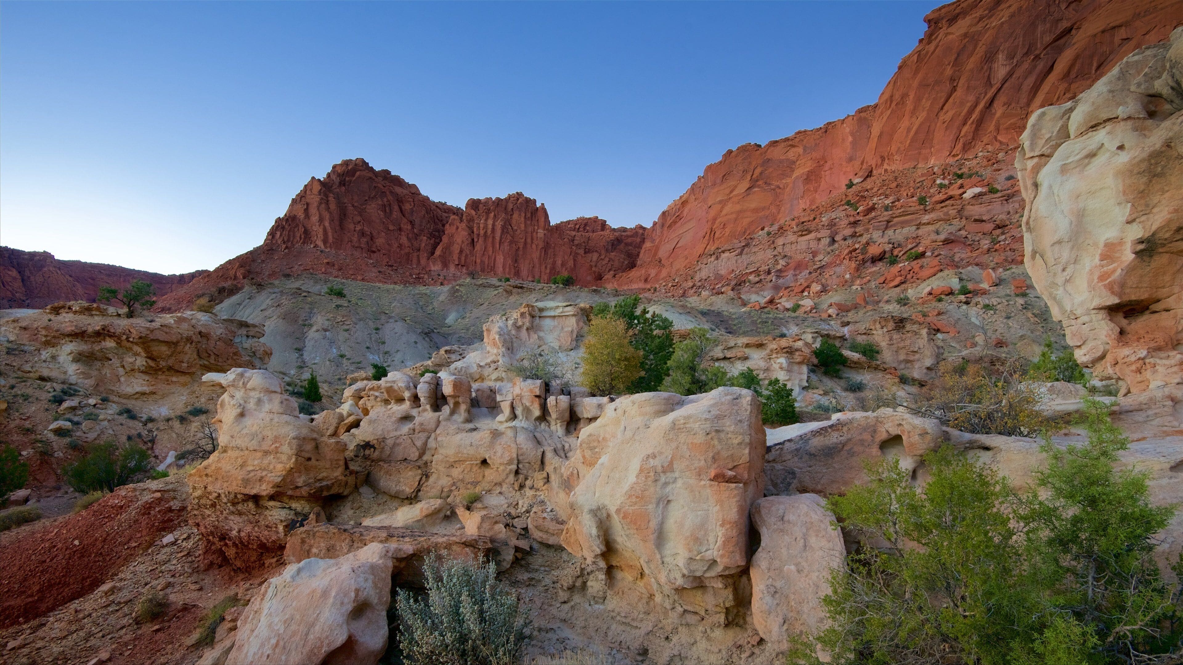 A rugged canyon landscape with prominent rock formations and sparse vegetation.
