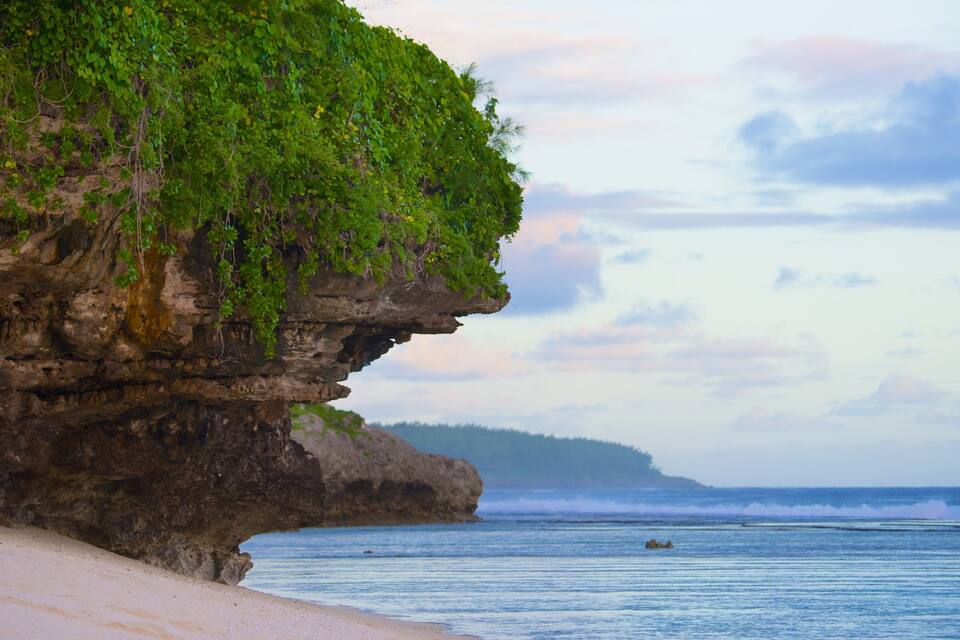 A coastal landscape with a rocky cliff covered in greenery, a sandy beach, and the ocean.