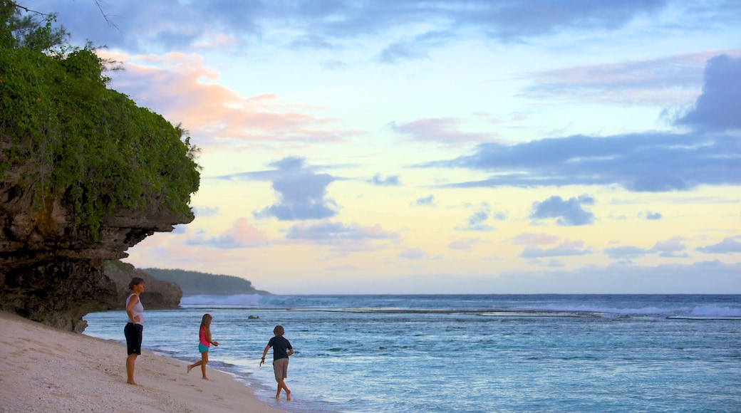Atiu som inkluderer stenete kystlinje i tillegg til familie