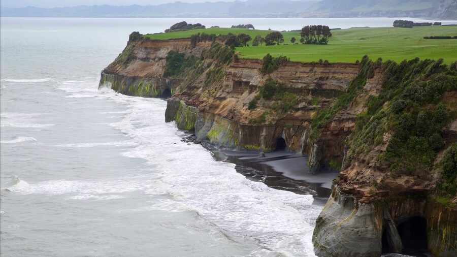 Nueva Plymouth que incluye una bahía o un puerto, surf y litoral accidentado