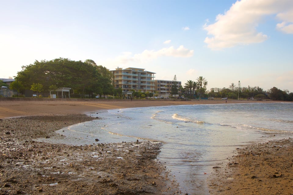 Una playa con piedras y olas, un edificio y árboles al fondo.