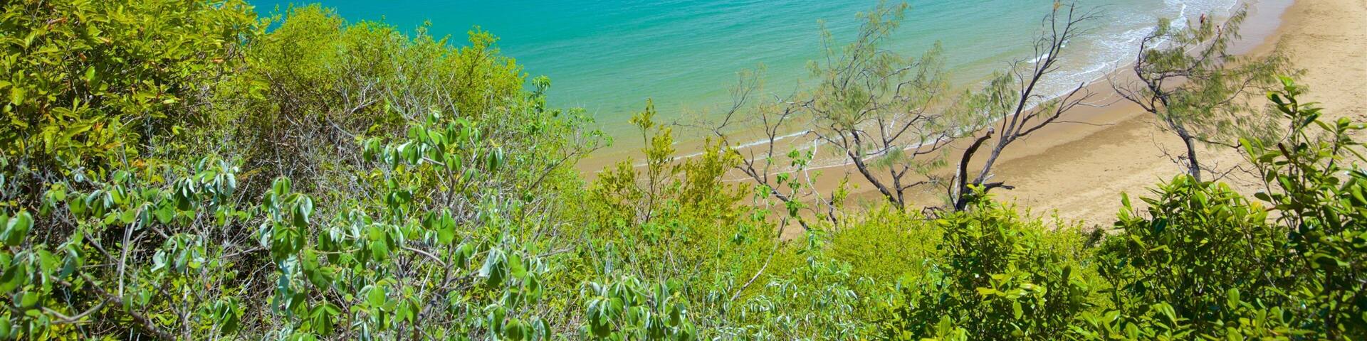 A coastal landscape with a turquoise sea, sandy beach, and green hills.