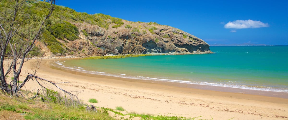 A sandy beach with clear turquoise waters, a rocky cliff, and sparse vegetation.