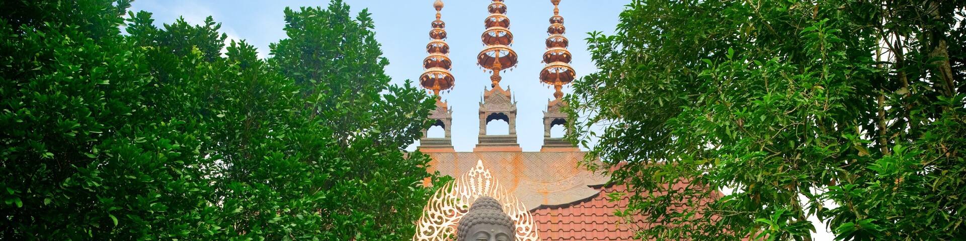 Una estatua de Buda en un jardín de templo con un tejado tradicional de varios niveles y decoraciones ornamentales.