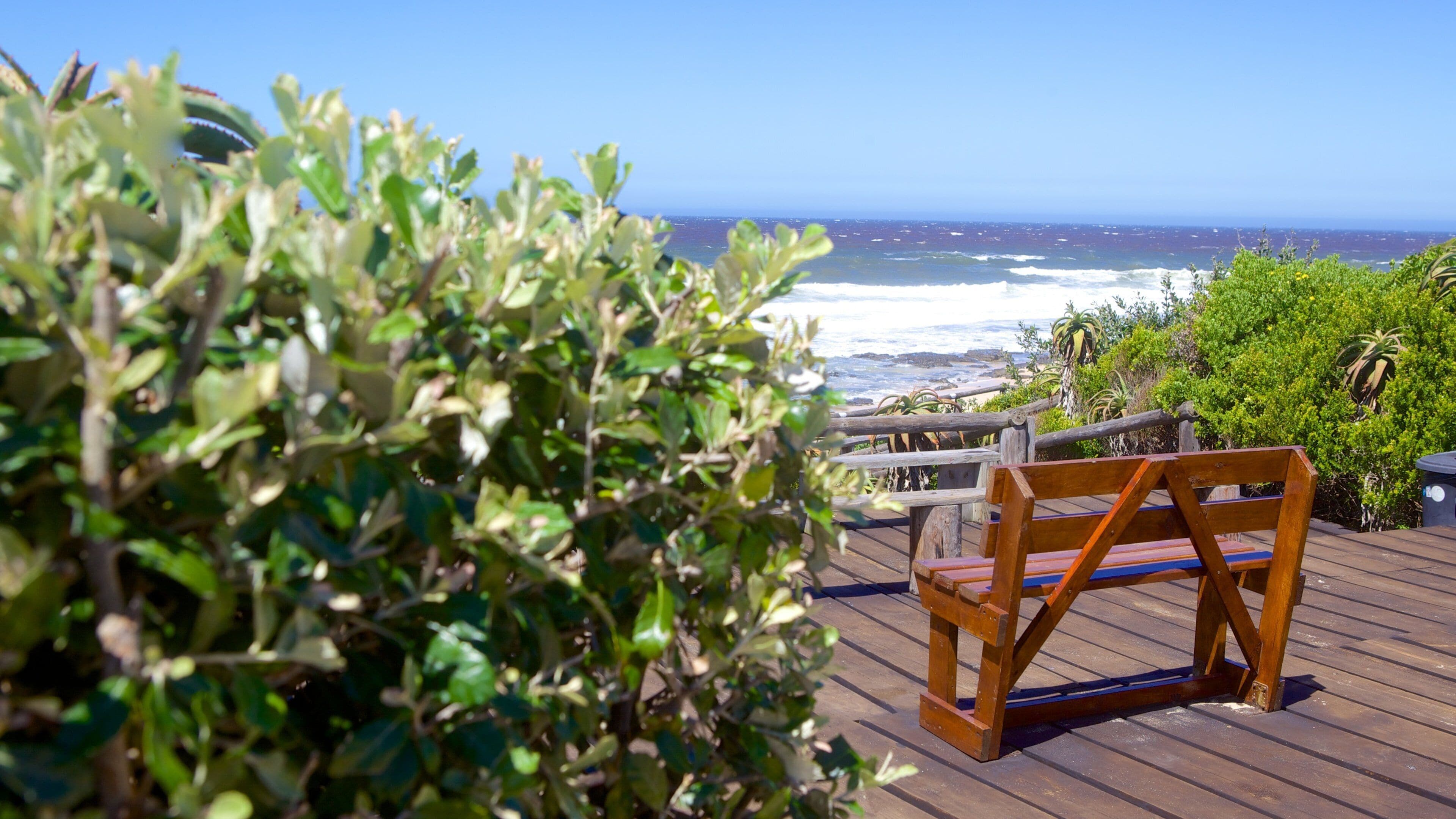 Eine Holzterrasse mit Blick auf den Ozean, das Meer und die Küstenlinie in der Ferne.