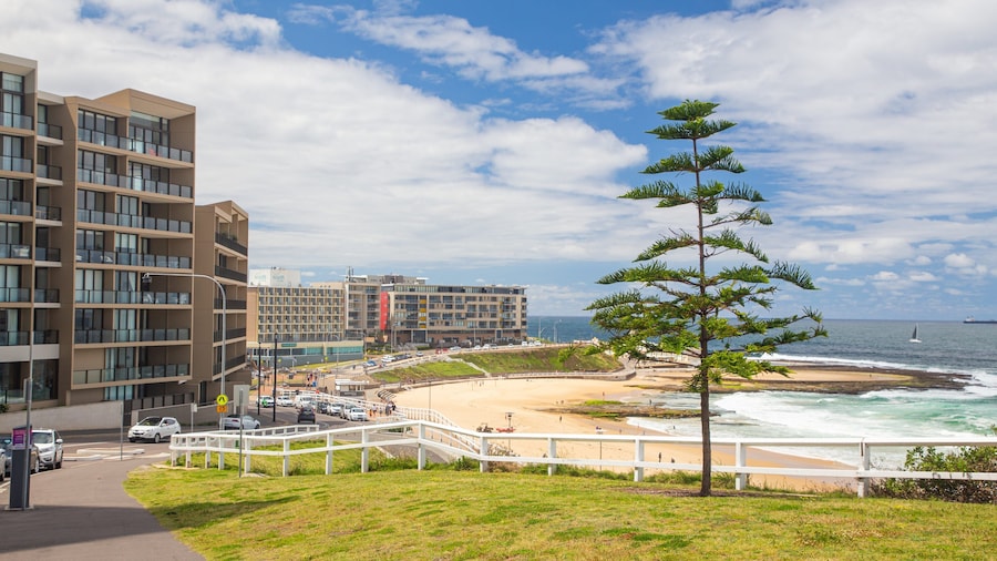 Newcastle Beach featuring a beach, a coastal town and general coastal views