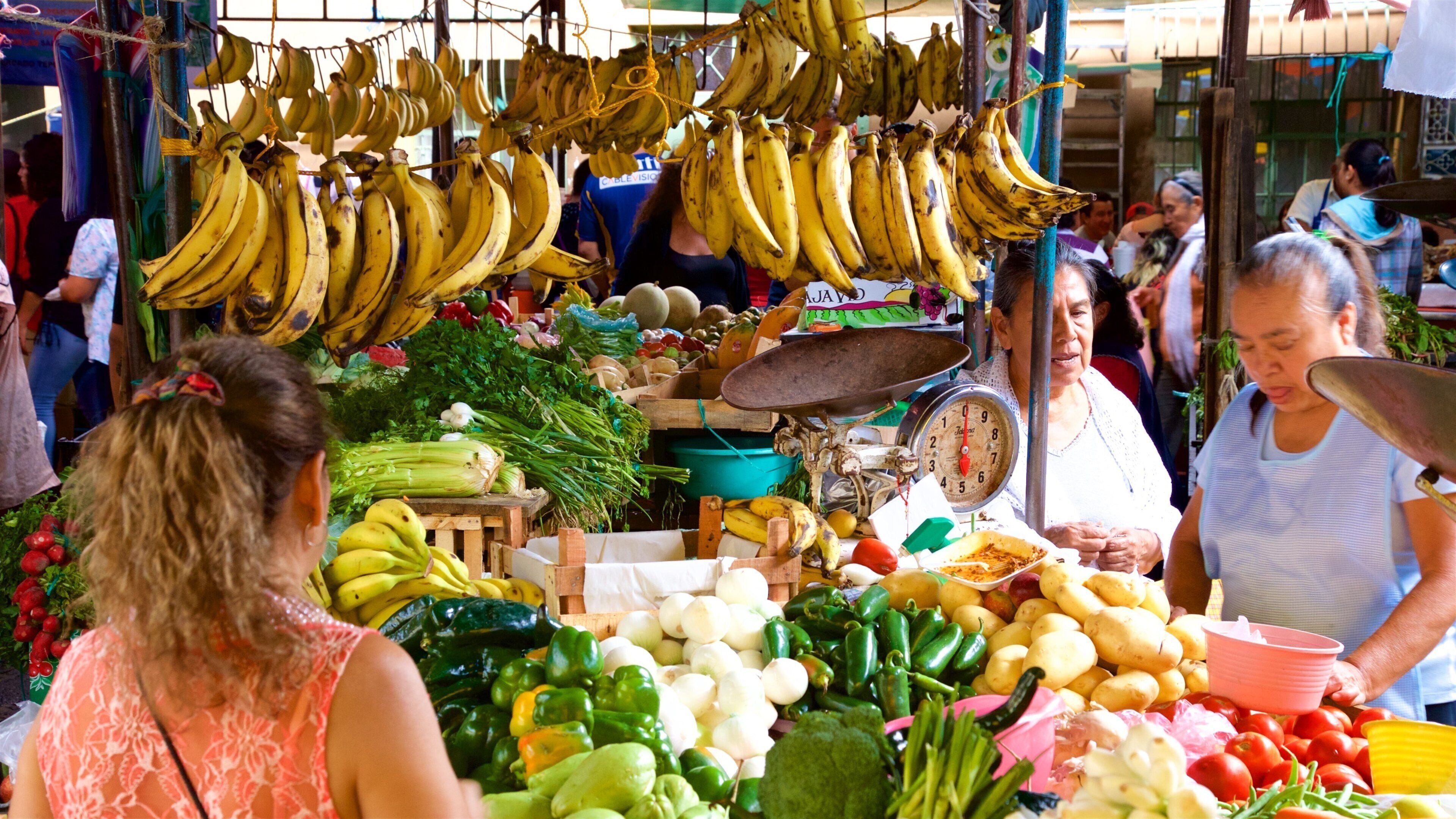 Artisan Market of Tepoztlan showing markets and food as well as a small group of people