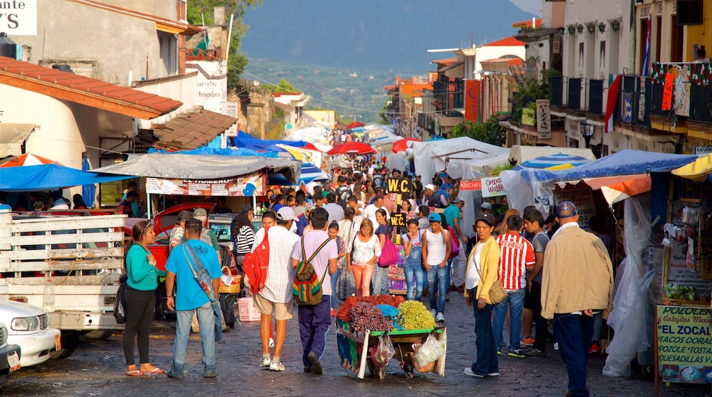 Artisan Market of Tepoztlán featuring markets and street scenes as well as a large group of people