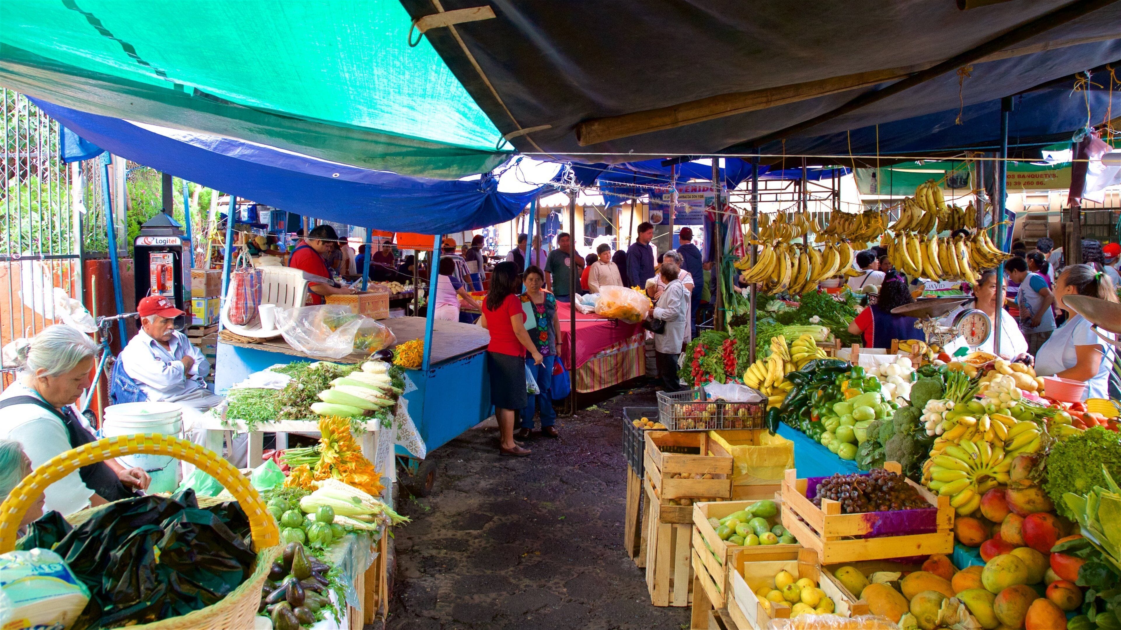 Tepoztlan som viser marked i tillegg til en liten gruppe med mennesker