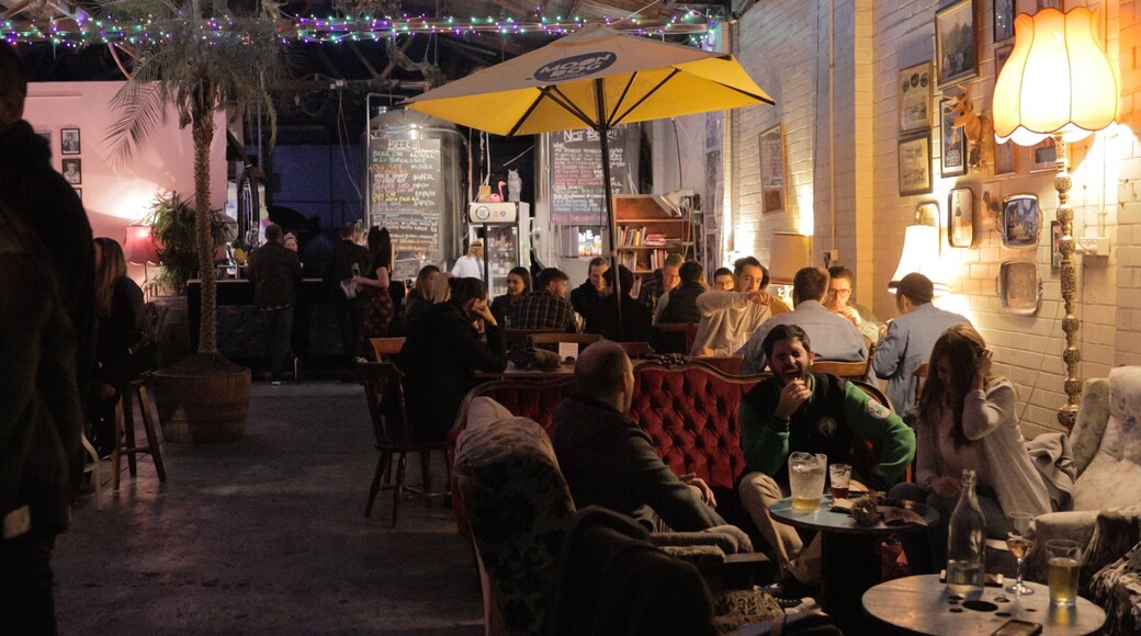 Moon Dog Craft Brewery showing a bar and night scenes as well as a small group of people