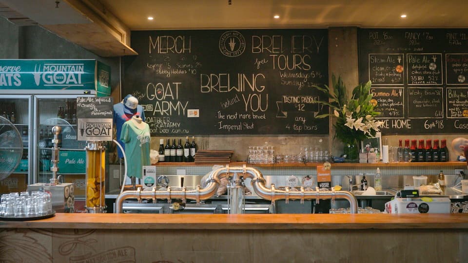 Mountain Goat Beer Brewery which includes interior views and a bar