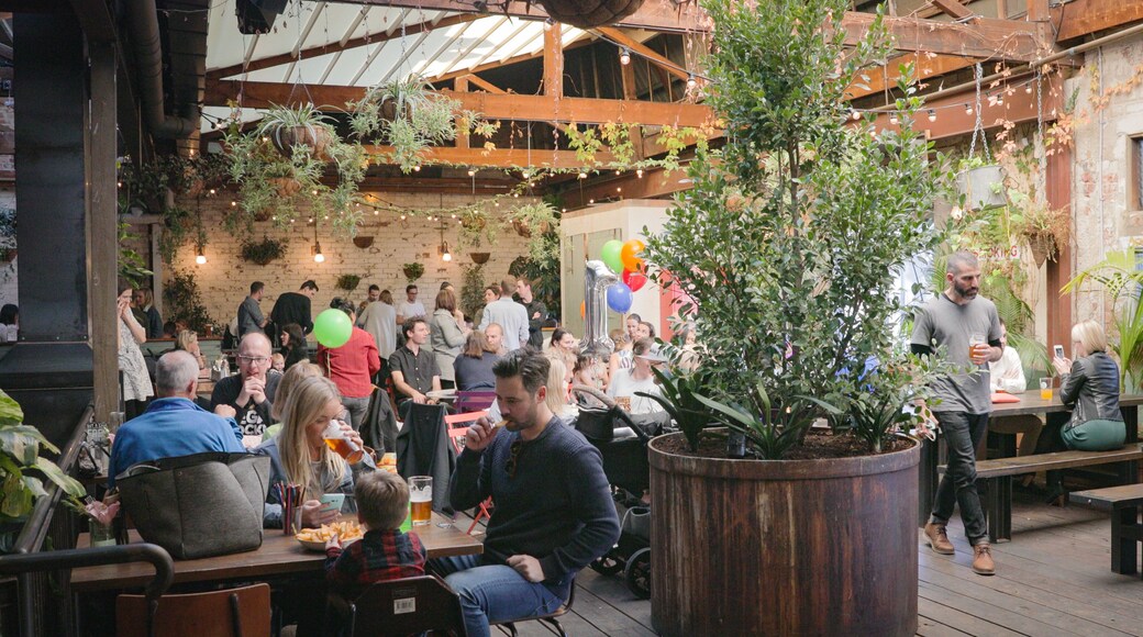 Stomping Ground Brewery showing interior views and cafe lifestyle as well as a small group of people