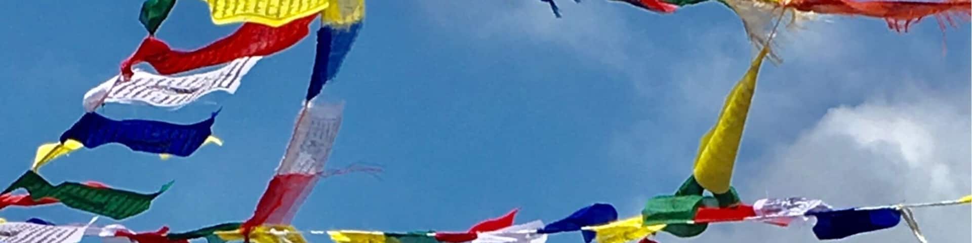 Prayer flags strung across a mountain range with a snow-capped peak in the background.