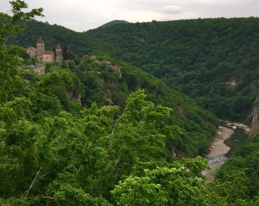 Motsameta Monastery is an important pilgrimage location, dating back to the 8th century. The monastery was mostly rebuilt, but impressively locates high above the Tskaltsitela river that flows around the monastery on three sides.