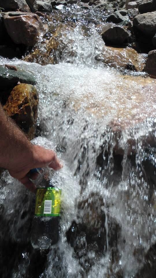 A hand holding a bottle near a flowing stream with rocks.