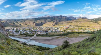 panoramic view of el chalten town and fitz roy peak at background, argentina