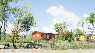 Una casa junto a un río tranquilo, con árboles y cielo despejado.