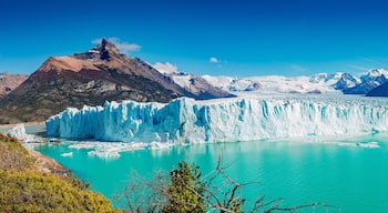 Panoramic view of the gigantic Perito Moreno glacier, its tongue and lagoon in Patagonia in golden Autumn, Argentina