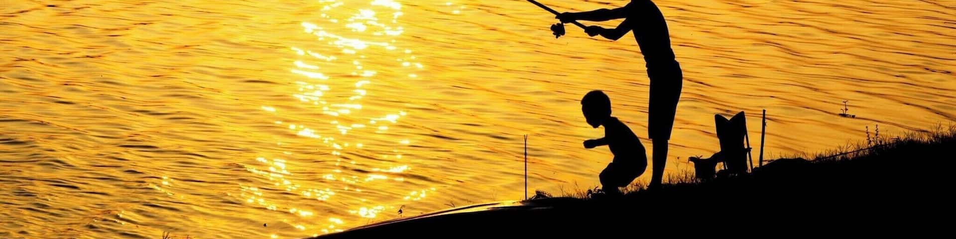 A silhouette of a person fishing with a child beside them, against a sunset over a body of water.