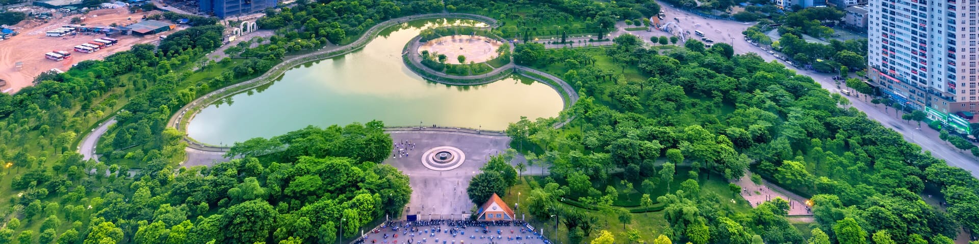 Hanoi skyline cityscape at twilight period. Cau Giay park, west of Hanoi
