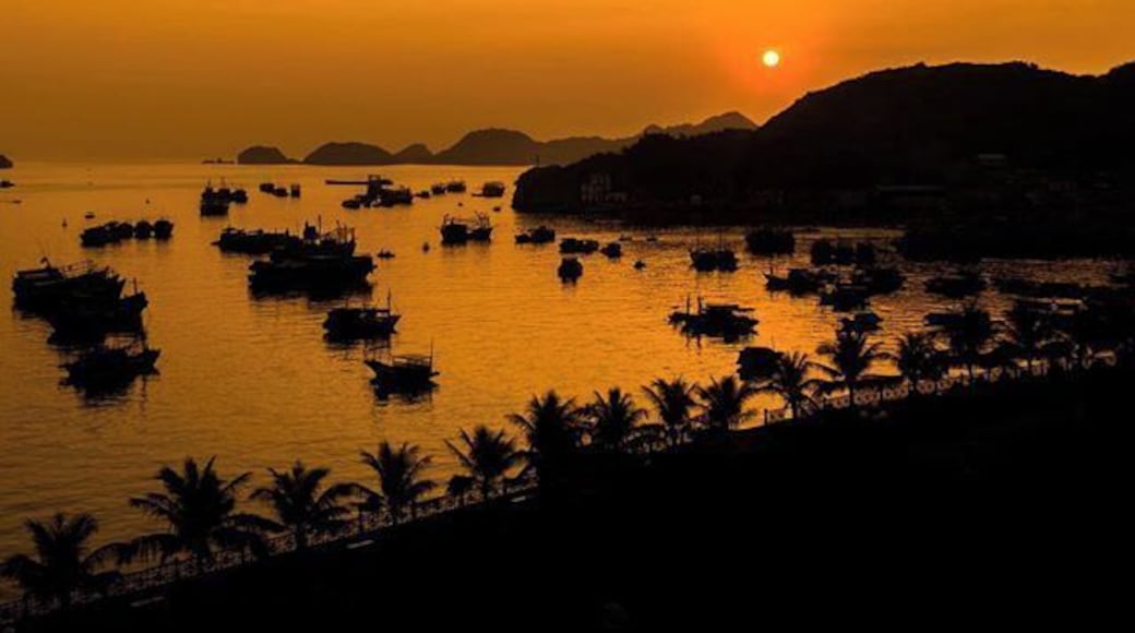 Sitting on the balcony watching the sun going down behind the limestone cliffs in Halong Bay! #Sunset #Vietnam #CatBaIsland #Nature #Asia