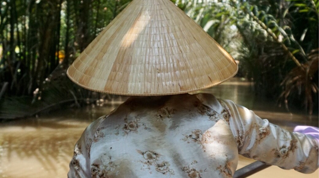 One of the highlights of our trip to the Mekong Delta in Vietnam was a trip on a small hand-rowed boat between My Tho and Ben Tre. We were on a tiny boat operated by two lovely Vietnamese ladies who skillfully rowed the boat through a small creek in a jungle of coconut trees. #AquaTrove #Vietnam