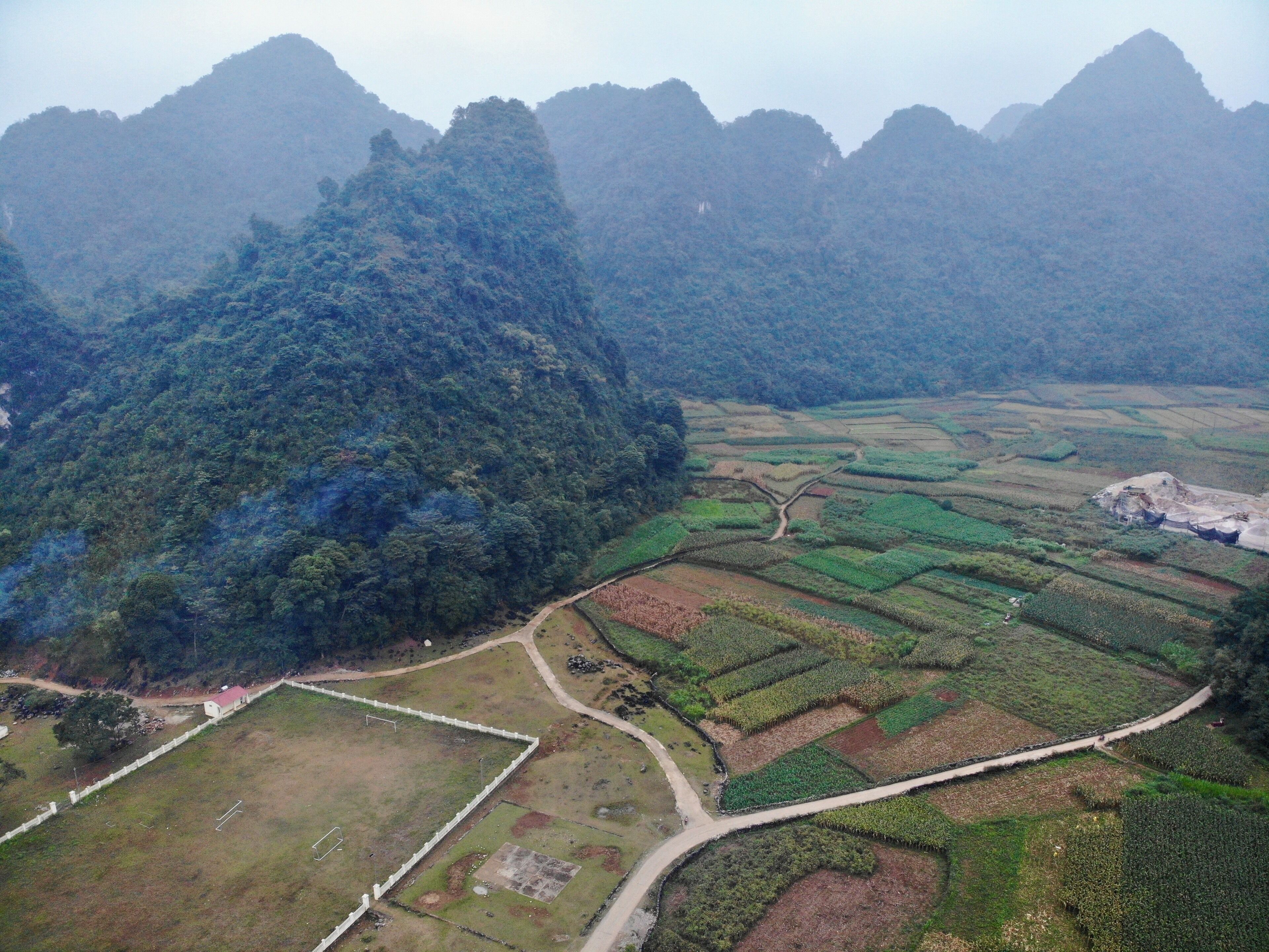 An aerial view of terraced fields in a mountainous region with a prominent forested peak.