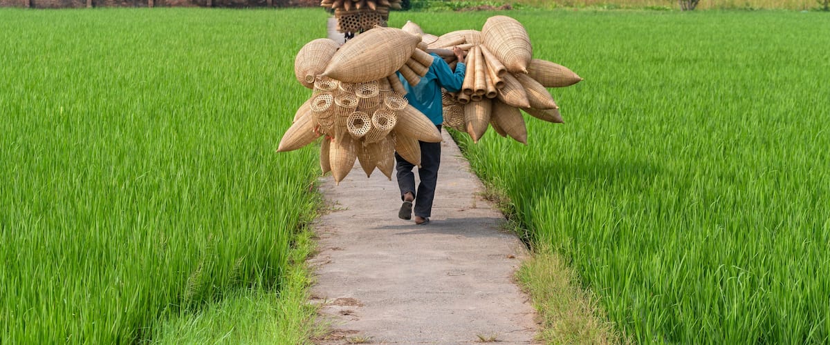 A person walking down a rural path carrying large woven baskets.