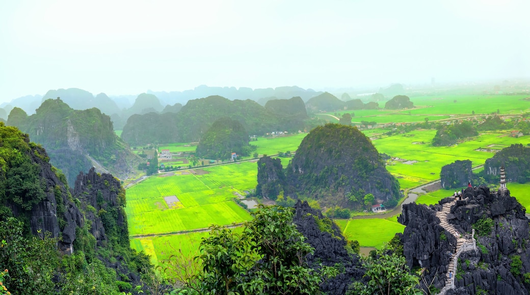 Mua Cave mountain viewpoint looking down valley, Stunning view of Tam Coc area with mountain range, rice fields and river, vietnam landscapes
