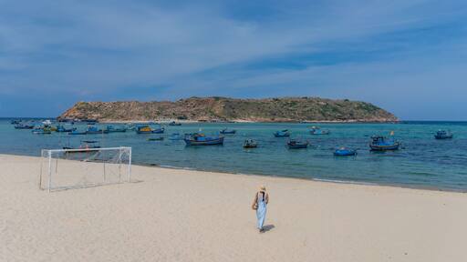 A beach with a soccer goal, a person walking, and numerous boats in the water.
